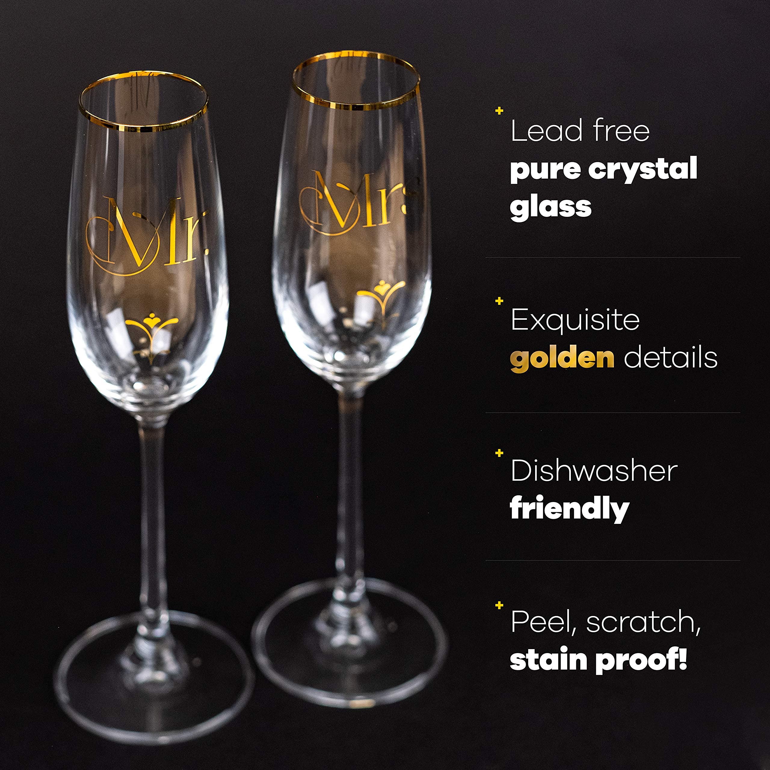 SAY HO UM Luxury Crystal Wedding Champagne Glasses for Toasting | Gold Mr Mrs Toast Flutes Set for Bride and Groom | Elegant Gift for His and Hers Engagement, Bridal Shower, Couple Anniversary