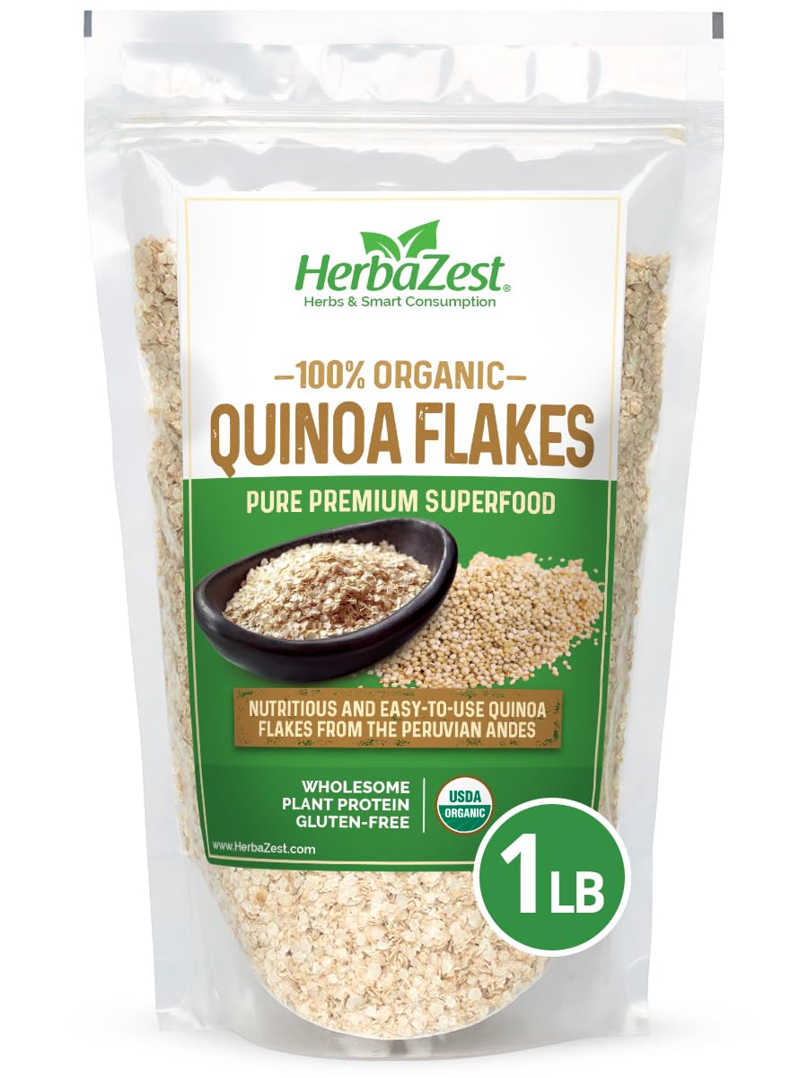 HerbaZest Quinoa Flakes Organic - 1 LB - USDA Certified, Vegan & Gluten Free Superfood - Perfect with Yogurt, Cereal, Smoothies, Granola & Desserts