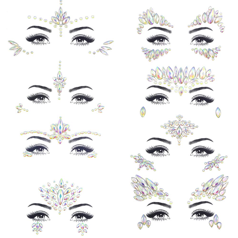 Noctilucent Face Gems Luminous makeup Temporary Tattoo Stickers Acrylic Crystal Glitter Stickers Face Jewels Rainbow Tears Rhinestone for Party, Rave Festival, Dress-up of ZLXIN(8 Pcs A Set)