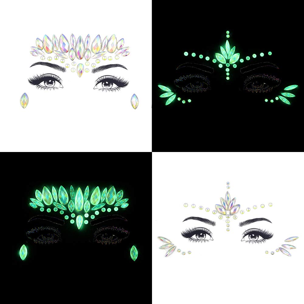 Noctilucent Face Gems Luminous makeup Temporary Tattoo Stickers Acrylic Crystal Glitter Stickers Face Jewels Rainbow Tears Rhinestone for Party, Rave Festival, Dress-up of ZLXIN(8 Pcs A Set)