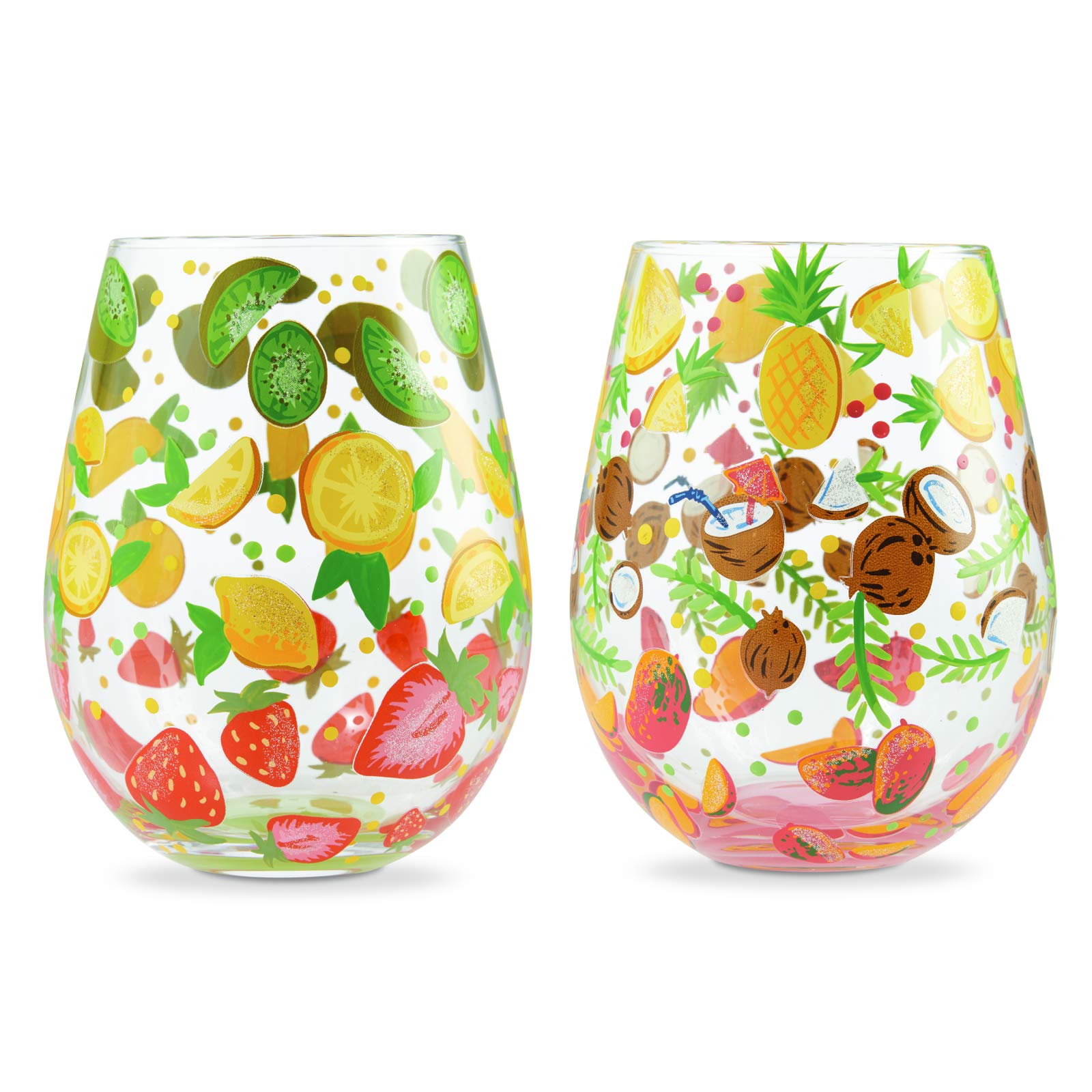 Enesco Designs by Lolita Tutti Fruiti Hand-Painted Artisan Stemless Wine Glass Set, 1 Count (Pack of 1), Multicolor