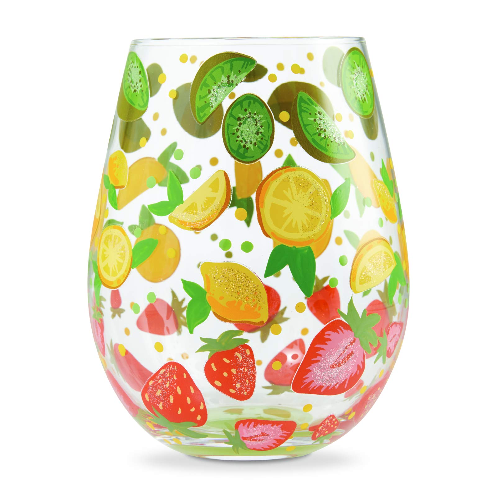 Enesco Designs by Lolita Tutti Fruiti Hand-Painted Artisan Stemless Wine Glass Set, 1 Count (Pack of 1), Multicolor