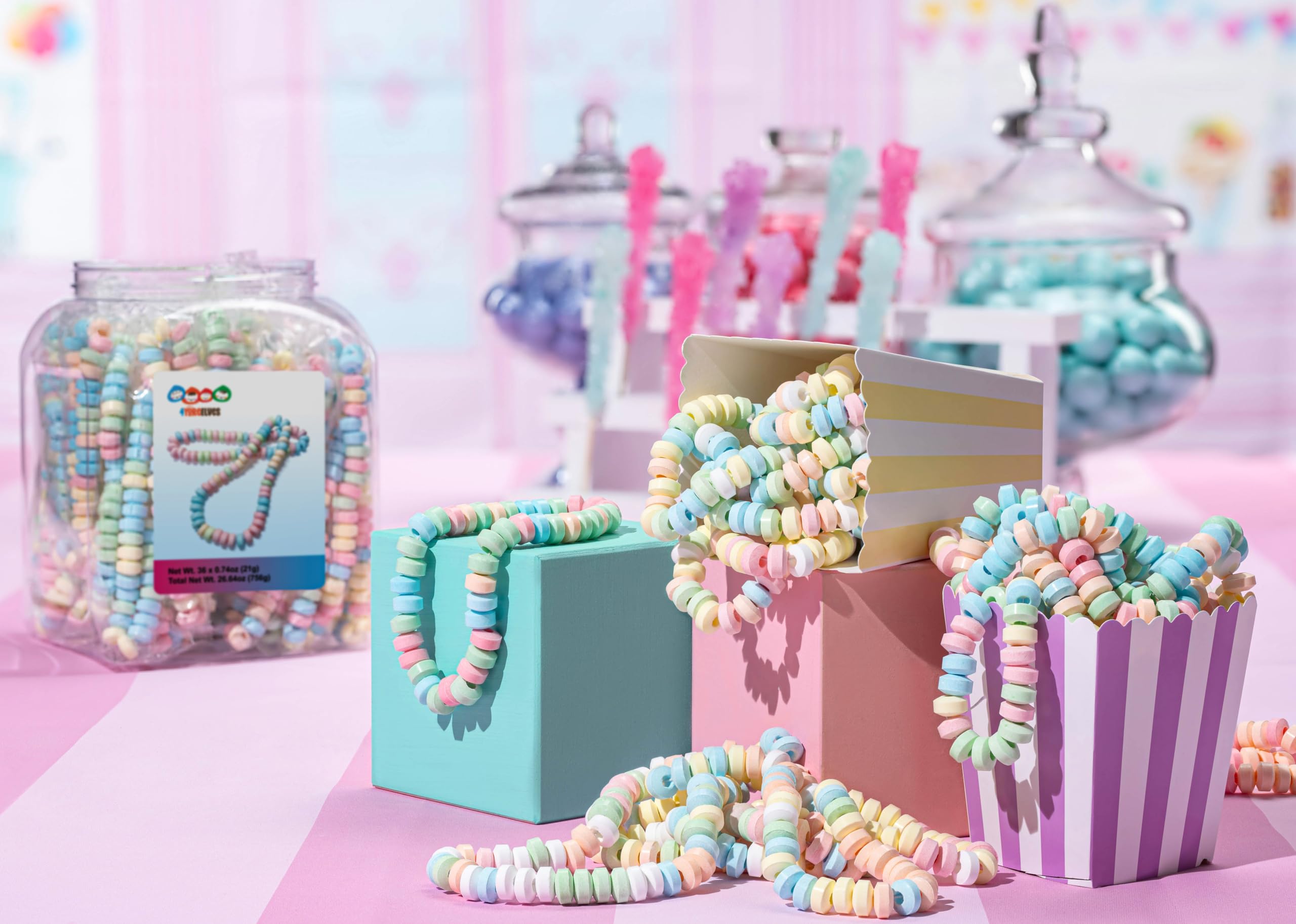 36 Candy Necklaces Individually Wrapped, Choker Style, Nostalgic Pastel Candy Jewelry Perfect for Party Favors, Pinata Fillers and Goodie Bags, Packed in a Convenient Display Tub, By 4YoreElves