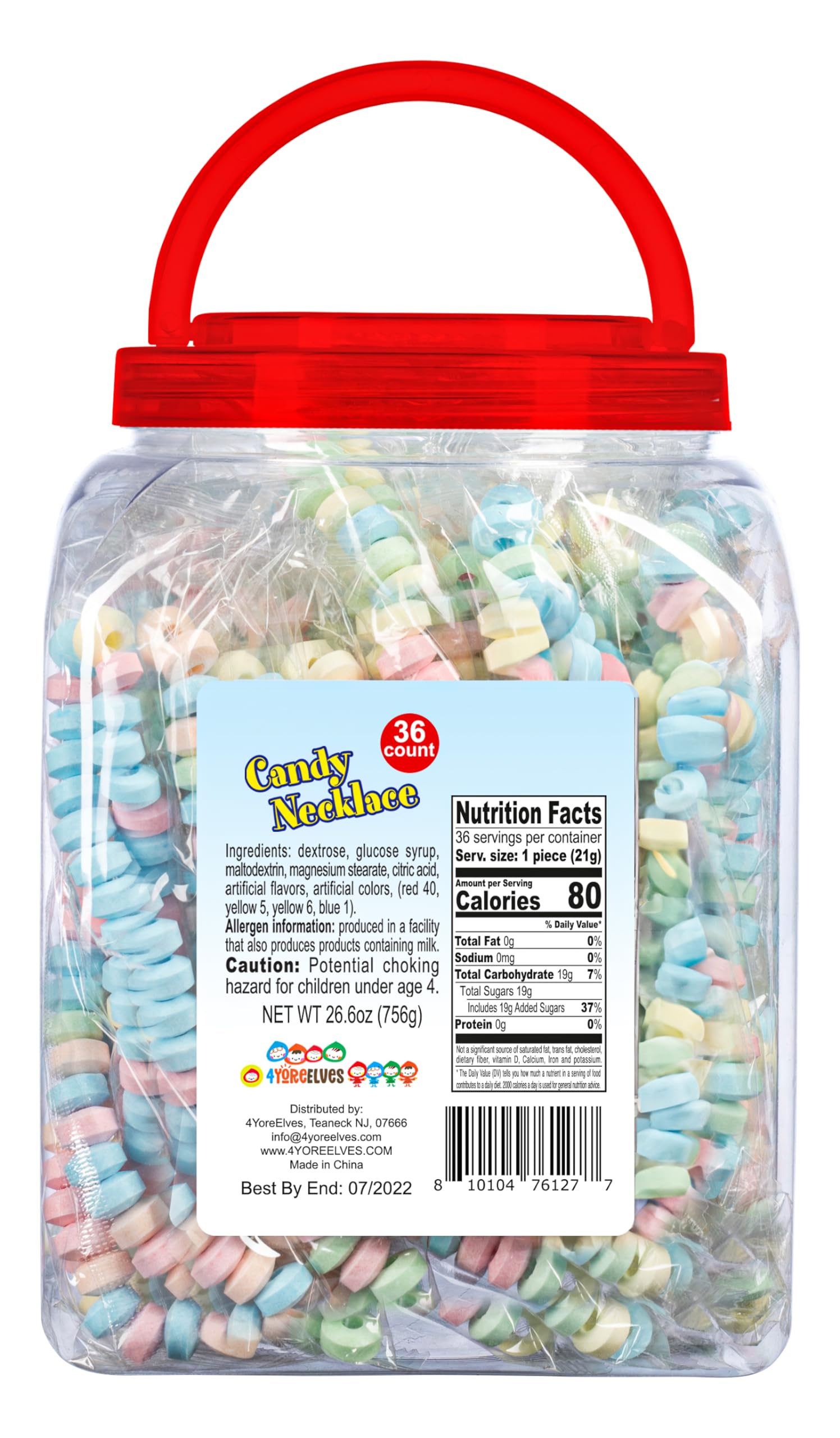 36 Candy Necklaces Individually Wrapped, Choker Style, Nostalgic Pastel Candy Jewelry Perfect for Party Favors, Pinata Fillers and Goodie Bags, Packed in a Convenient Display Tub, By 4YoreElves