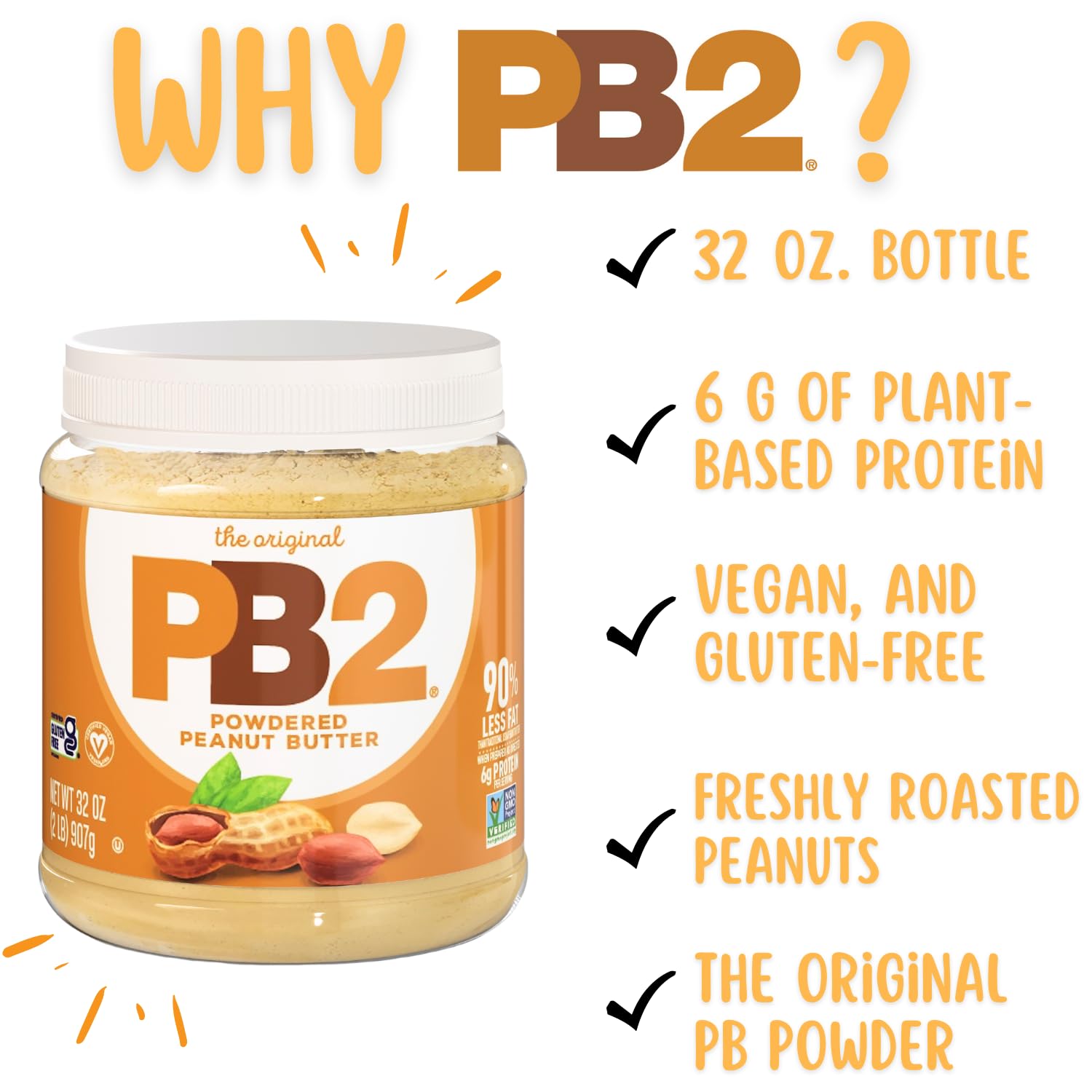 PB2 Original Powdered Peanut Butter - 6g of Protein, 90% Less Fat, Certified Gluten Free, Only 60 Calories per Serving, Perfect for Protein Shakes, Smoothies, and Low-Carb, Keto Diets