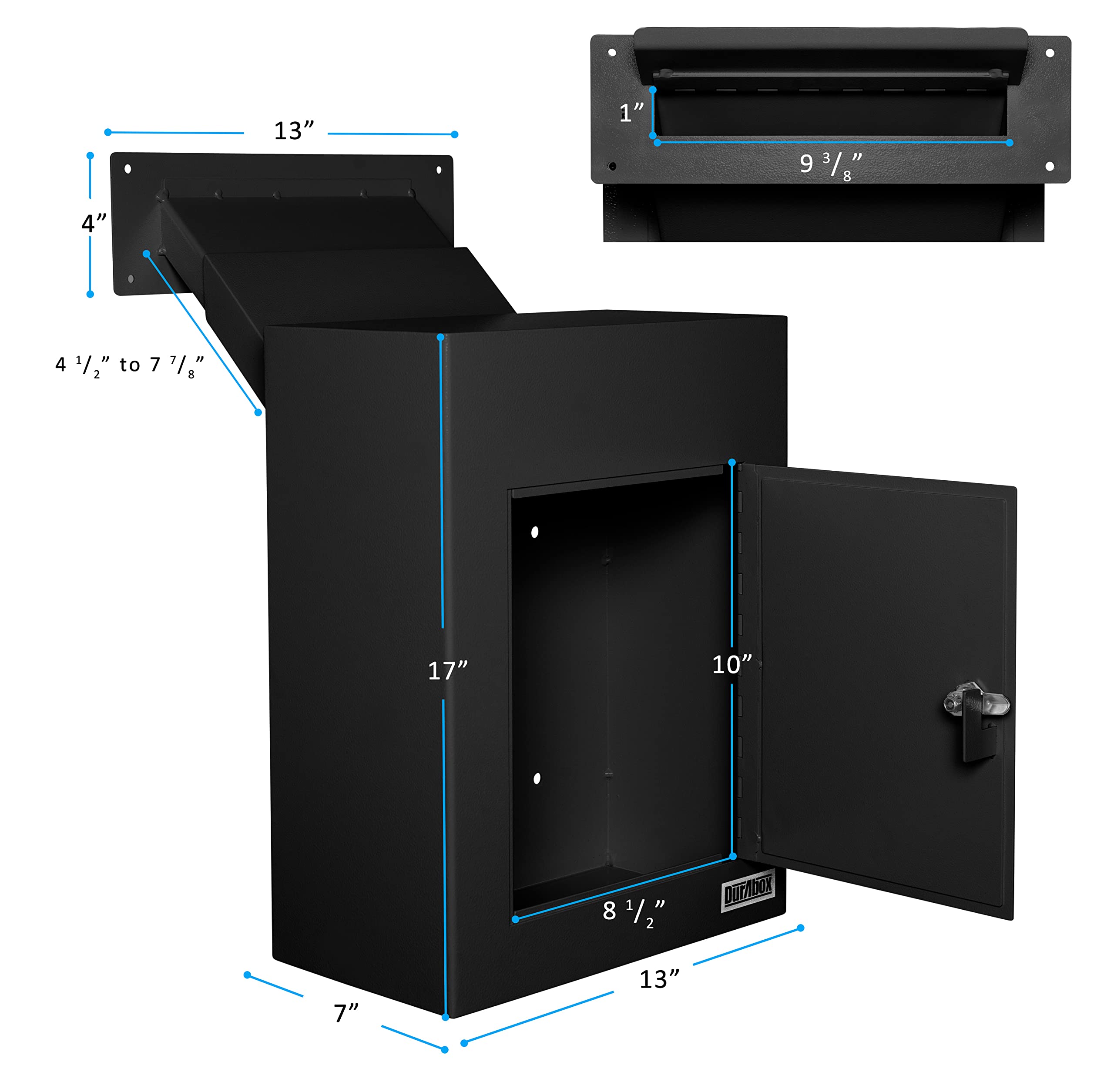 Durabox D700 Through the Wall Drop Box, Tubular Key Locking Secure Mailbox with Adjustable Chute Deposit, Pre-Drilled Mounting Holes - Safe Steel Mail Box (Black)