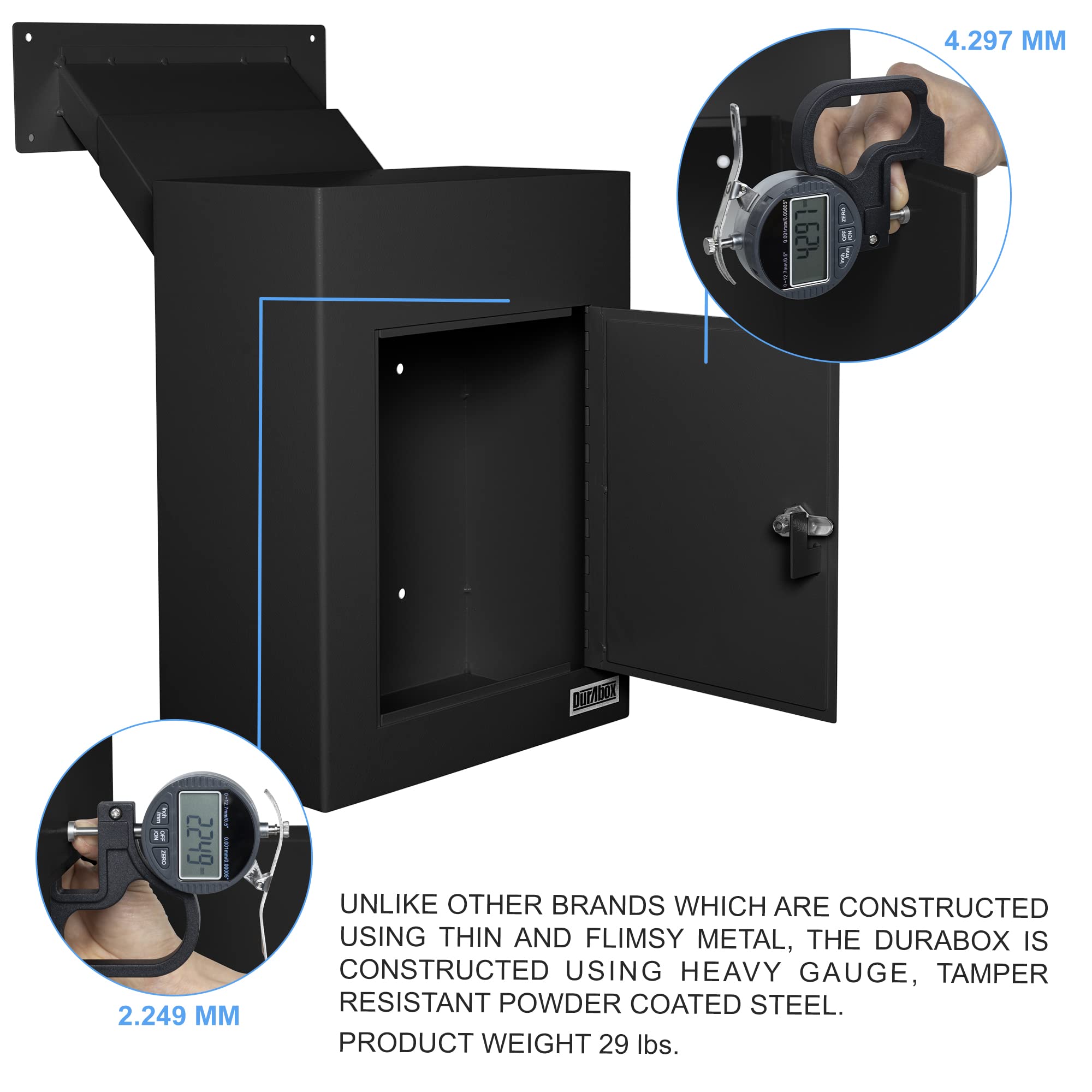 Durabox D700 Through the Wall Drop Box, Tubular Key Locking Secure Mailbox with Adjustable Chute Deposit, Pre-Drilled Mounting Holes - Safe Steel Mail Box (Black)