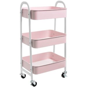 agtek makeup cart, movable rolling organizer cart, 3 tier metal utility cart, white - pink