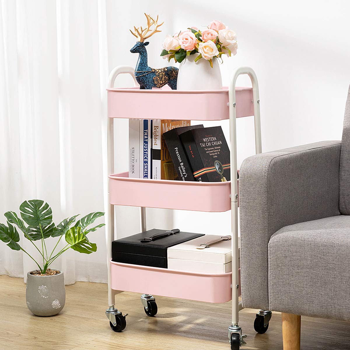 AGTEK Makeup Cart, Movable Rolling Organizer Cart, 3 Tier Metal Utility Cart, White - Pink
