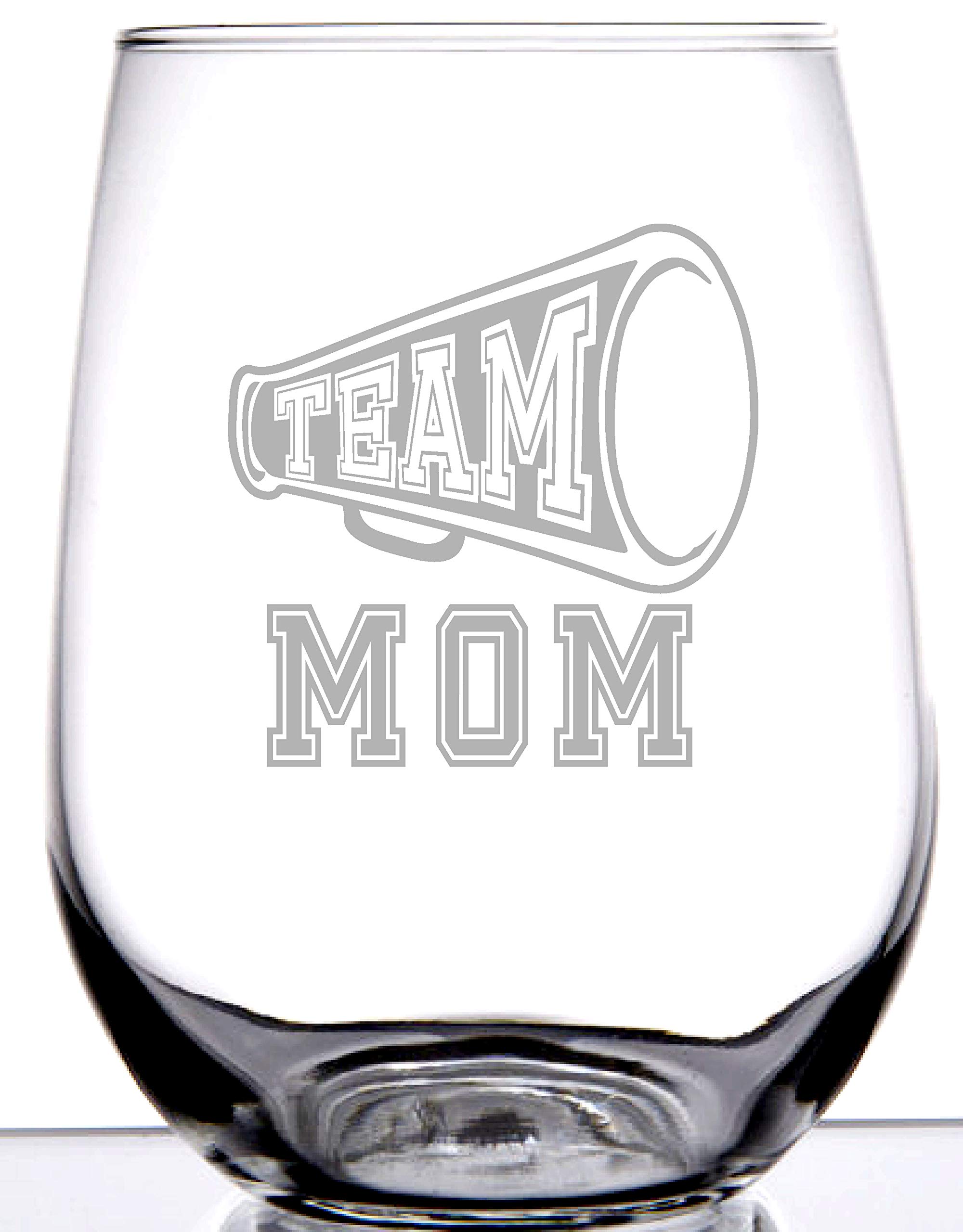 Team MOM Wine Glass STEMLESS | Fun Gift for Team Moms | Cute Graphic Laser Engraved Etched | Great for Baseball, Soccer, Football, Basketball, Tennis or Any Other Sports Mothers