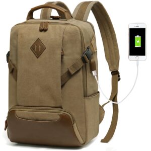 kasqo laptop backpack 15.6 inch canvas waterproof anti theft business travel college computer bag carry on bag with usb charging port for women men, khaki