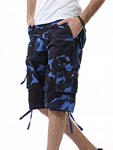 IDEALSANXUN Cargo Shorts for Men Casual Summer Bermuda Hiking Cotton Tactical Military Work Camo Cargo Pants, Camo Blue, 36