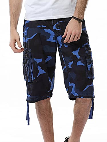 IDEALSANXUN Cargo Shorts for Men Casual Summer Bermuda Hiking Cotton Tactical Military Work Camo Cargo Pants, Camo Blue, 36