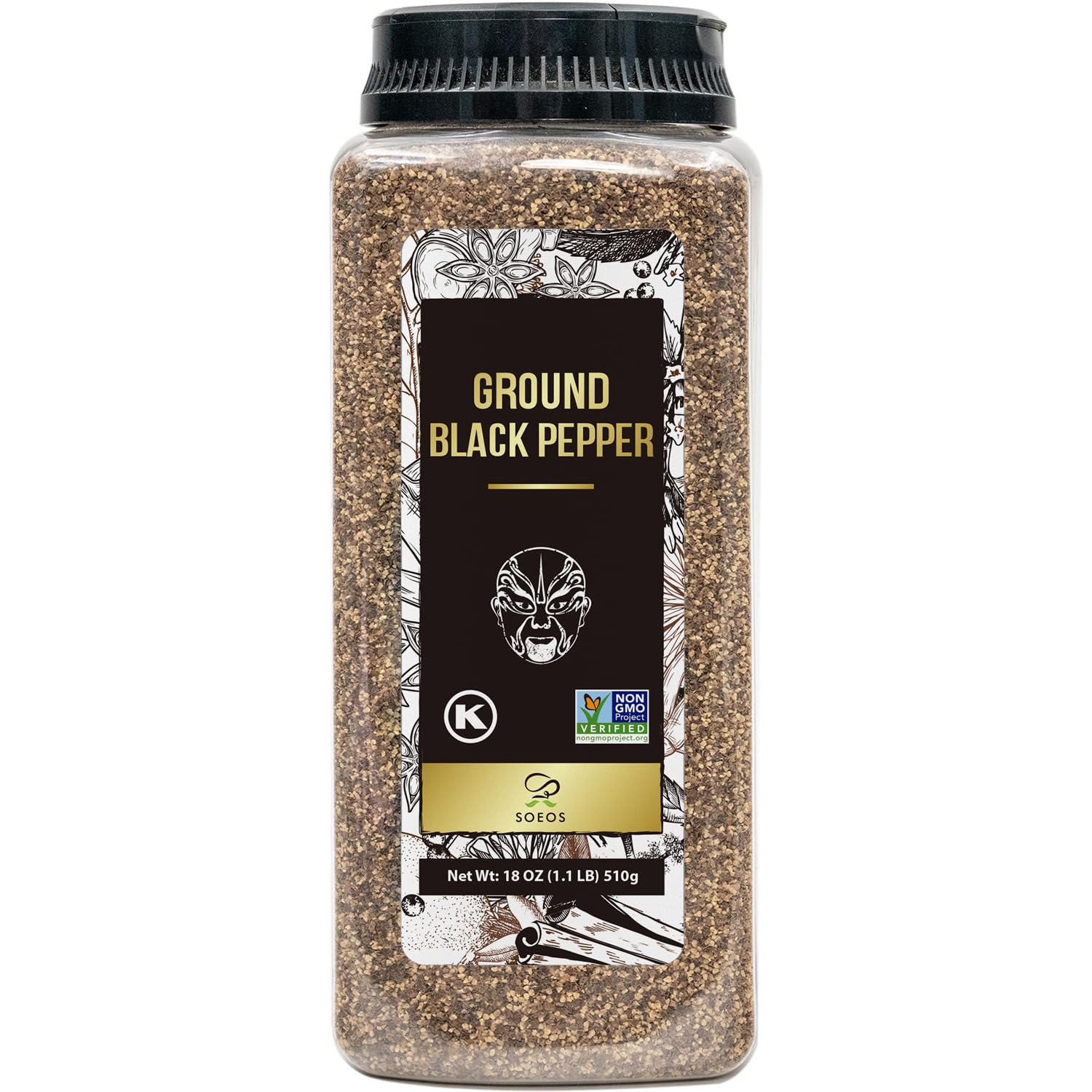 Soeos Table Ground Black Pepper, 18 oz (510g) Non-GMO, Freshly Peppercorn Powder Bulk, Packed to Keep Peppers Fresh, Ready to Use Peppercorns for Refill, Regular