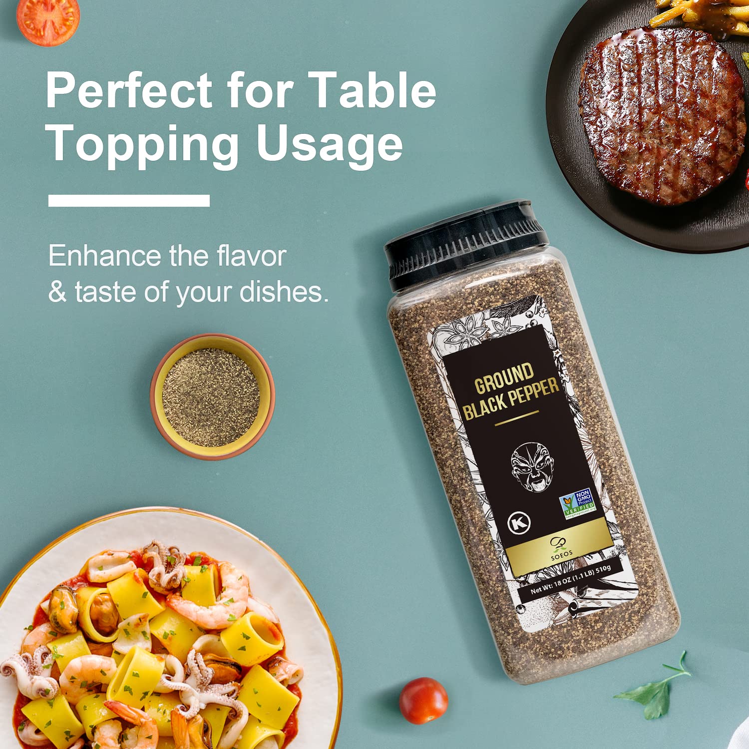 Soeos Table Ground Black Pepper, 18 oz (510g) Non-GMO, Freshly Peppercorn Powder Bulk, Packed to Keep Peppers Fresh, Ready to Use Peppercorns for Refill, Regular