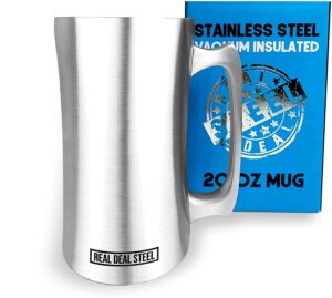 real deal steel stainless steel insulated beer mug vacuum beer stein with welded handle - 20oz total capacity - large metal tankard for ipa, coffee - double walled mug