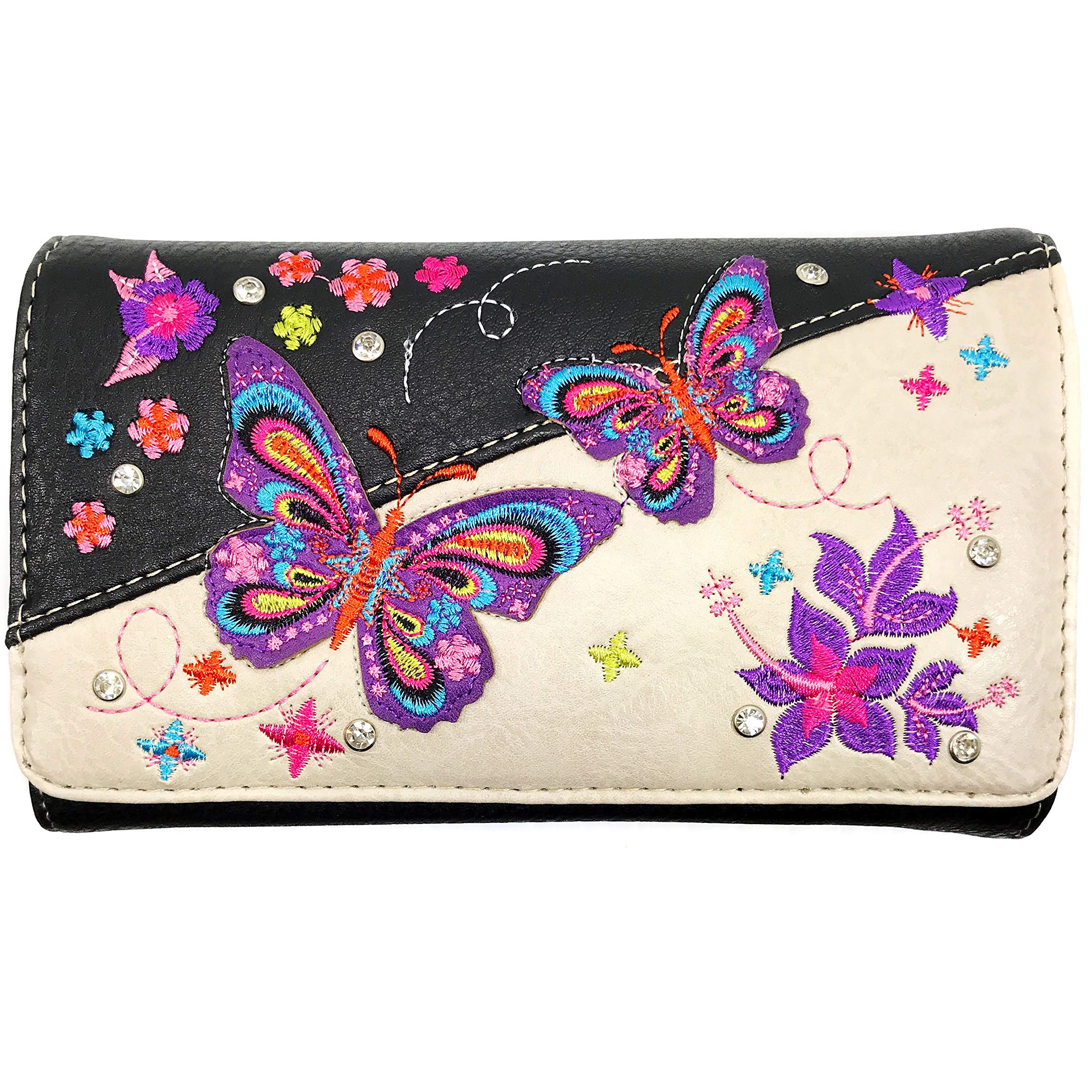 Zelris Butterfly Flower Season Embroidery Women Crossbody Wrist Trifold Wallet (Black Beige)