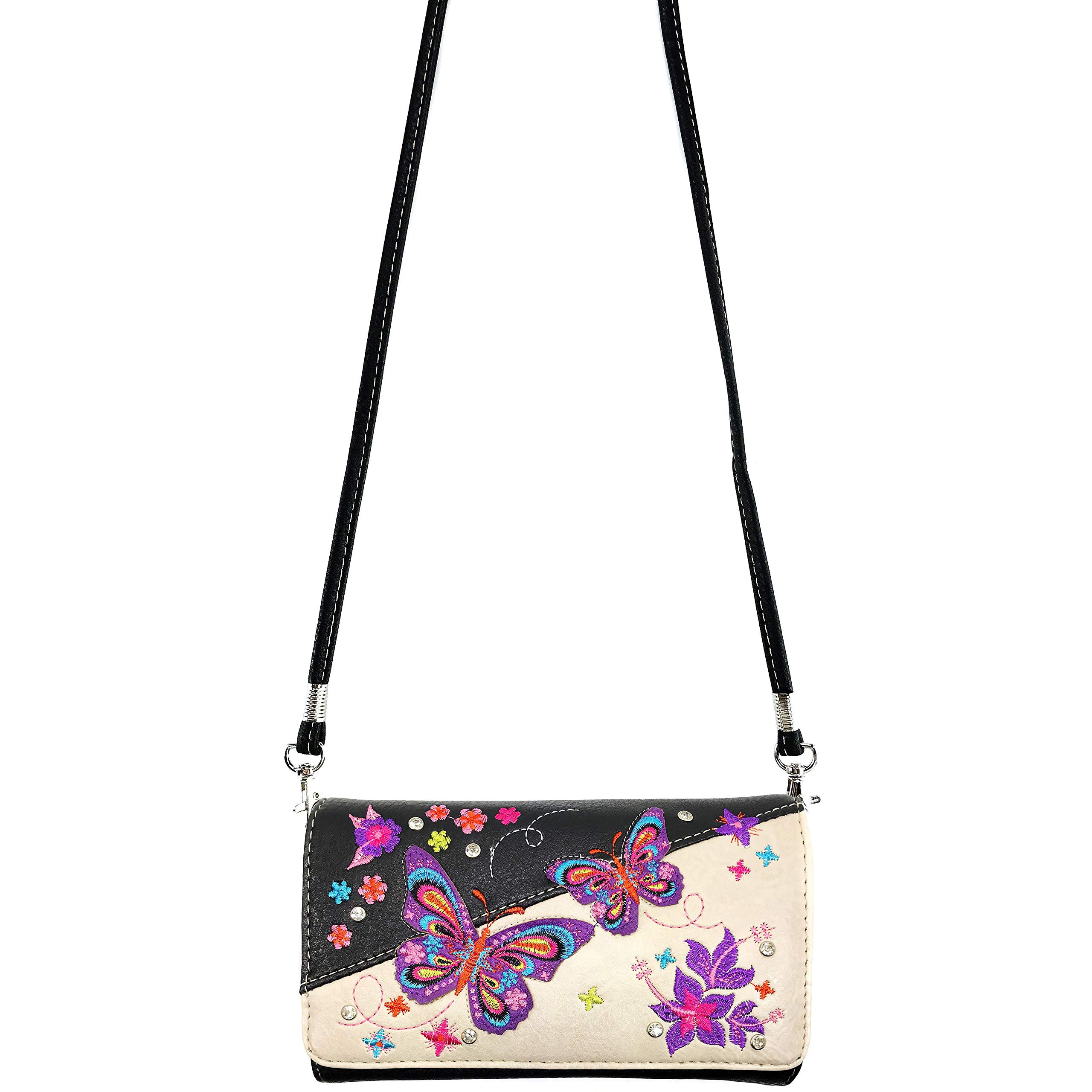 Zelris Butterfly Flower Season Embroidery Women Crossbody Wrist Trifold Wallet (Black Beige)