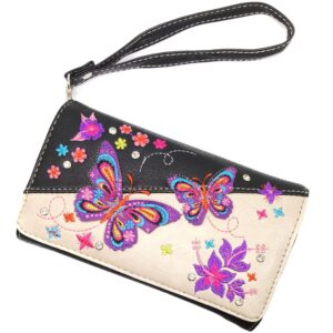 Zelris Butterfly Flower Season Embroidery Women Crossbody Wrist Trifold Wallet (Black Beige)
