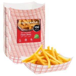 medium paper food boats (100 pack) 2 lb disposable red & white checkered paper food trays, eco friendly paper food trays, serving boats for concession food & condiments, paper nacho trays 4.5" x 2.75"