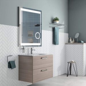 led backlit illuminated mirror 24". wall mounted for bathroom, makeup. hardwired and easy to install. bright white light 20w behind rectangular inset frosted glass for flattering glow
