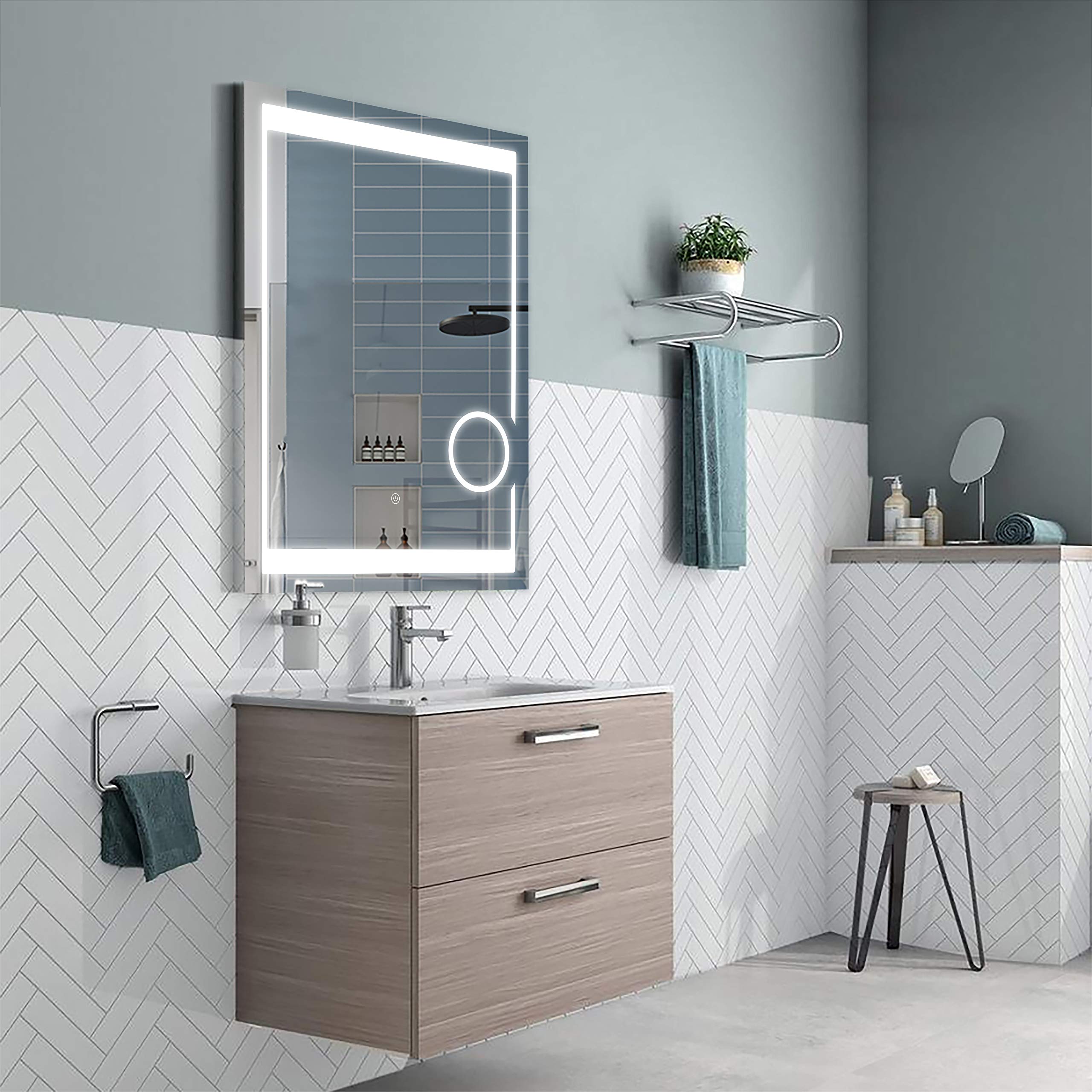 LED Backlit Illuminated Mirror 24". Wall Mounted for Bathroom, Makeup. Hardwired and Easy to Install. Bright White Light 20w Behind Rectangular Inset Frosted Glass for Flattering Glow