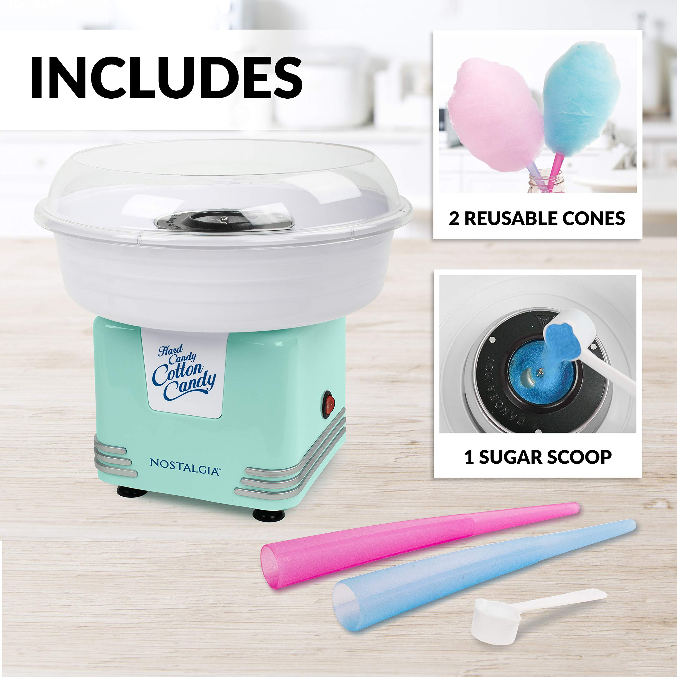 Nostalgia Cotton Candy Machine - Retro Cotton Candy Machine for Kids with 2 Reusable Cones, 1 Sugar Scoop, and 1 Extractor Head – Aqua