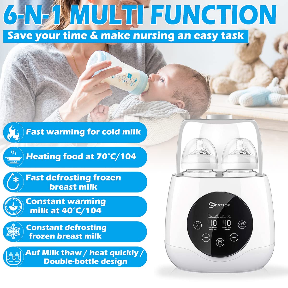 EIVOTOR 6 in 1 Baby Bottle Warmer, Double Bottle Steam Sterilizer Food Heater for Evenly Warm Breast Milk or Formula, LED Panel Control Real-time Display, BPA Free