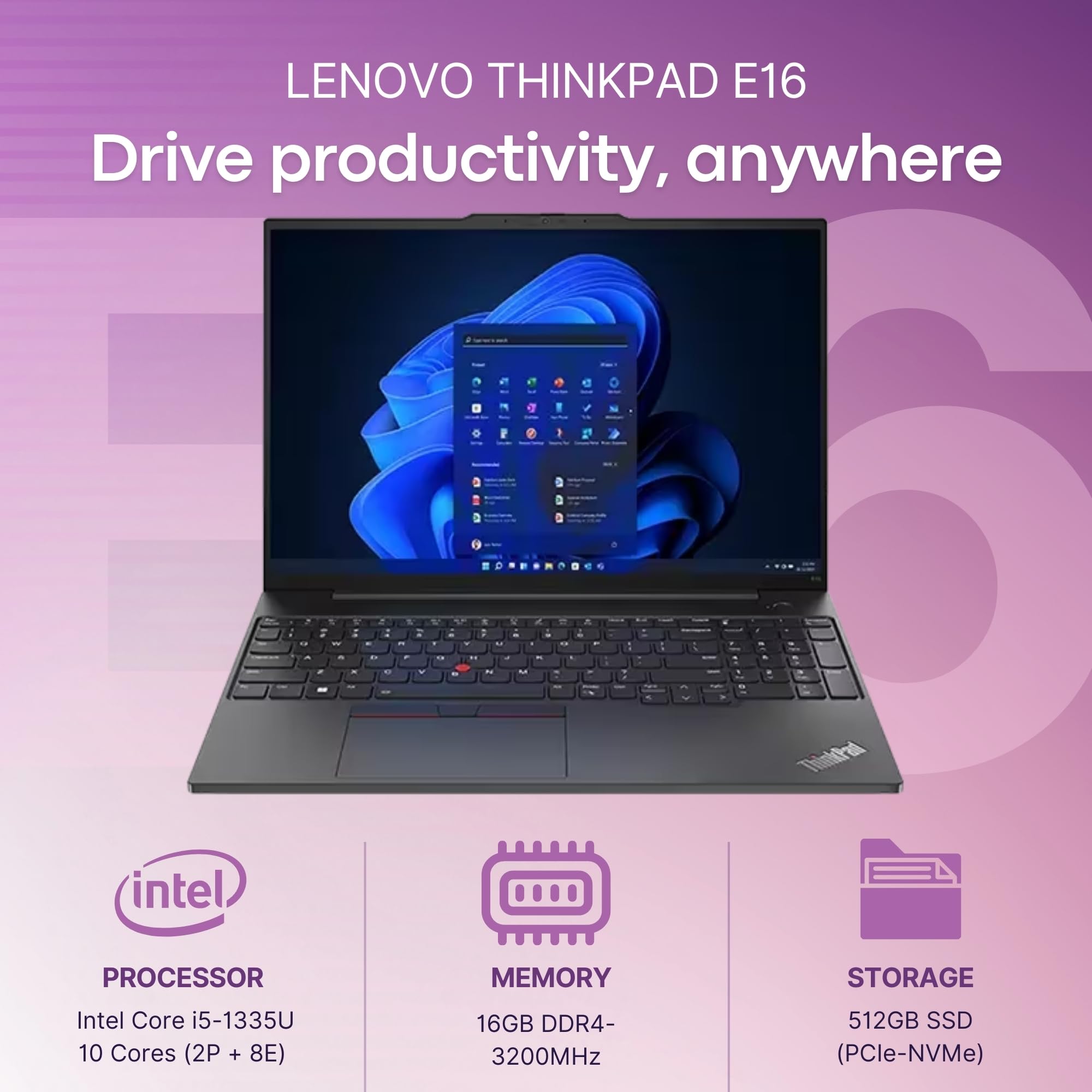 Oemgenuine Lenovo ThinkPad E16, WUXGA 16" IPS, Intel Deca Core i5-1335U (Beats i7-1255U), 16GB RAM, 512GB NVMe, FP, Backlit KB, WiFi 6 + BT, RJ-45, FHD Webcam, W11P, Business Laptop