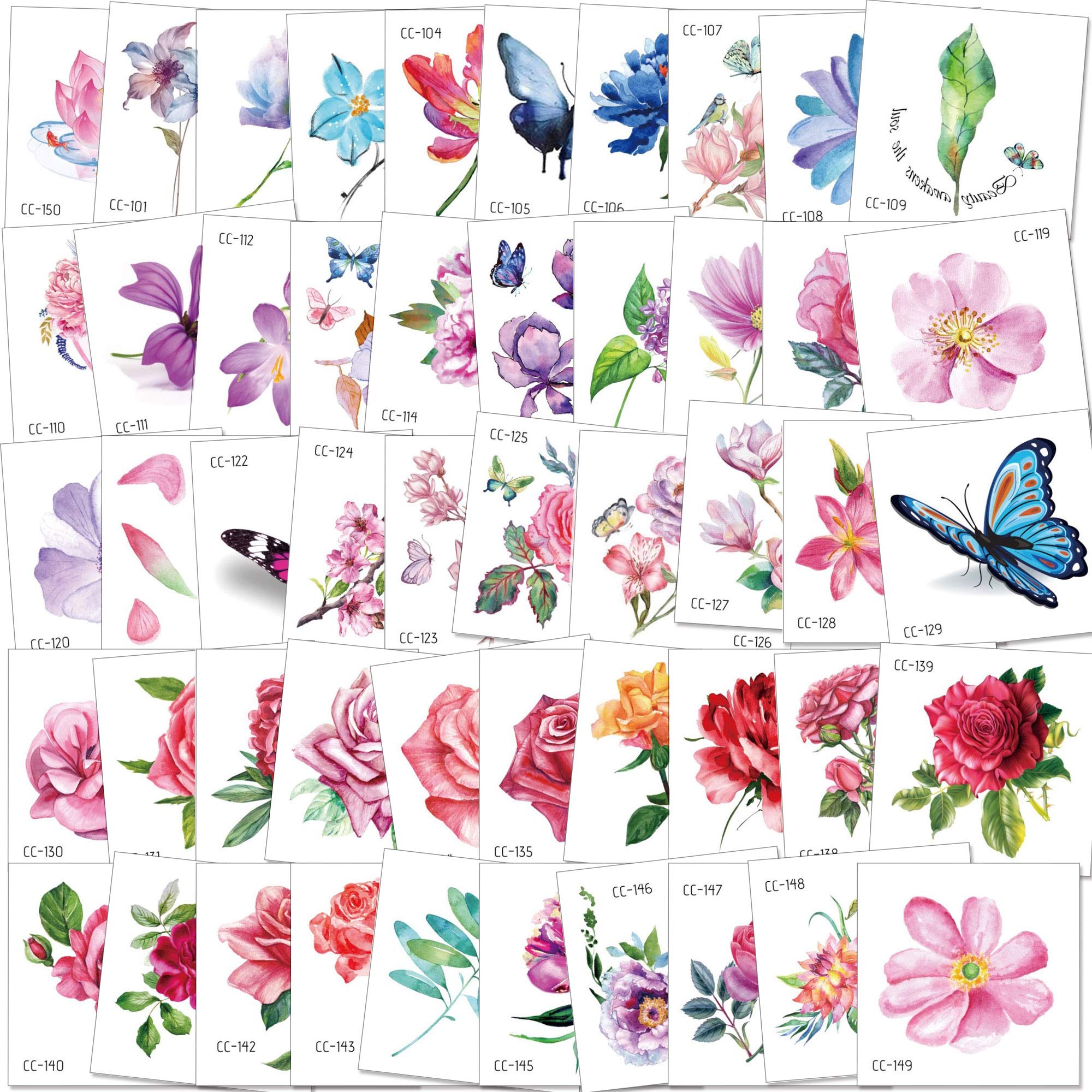 Konsait 50Sheet Flower Temporary Tattoos for Women Teens Girls, Tiny Temporary Tattoo Adult Waterproof Body Art Sticker Hand Neck Wrist, include Flower Butterfly Leaf Lotus Cherry Blossoms Tattoo