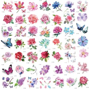 Konsait 50Sheet Flower Temporary Tattoos for Women Teens Girls, Tiny Temporary Tattoo Adult Waterproof Body Art Sticker Hand Neck Wrist, include Flower Butterfly Leaf Lotus Cherry Blossoms Tattoo