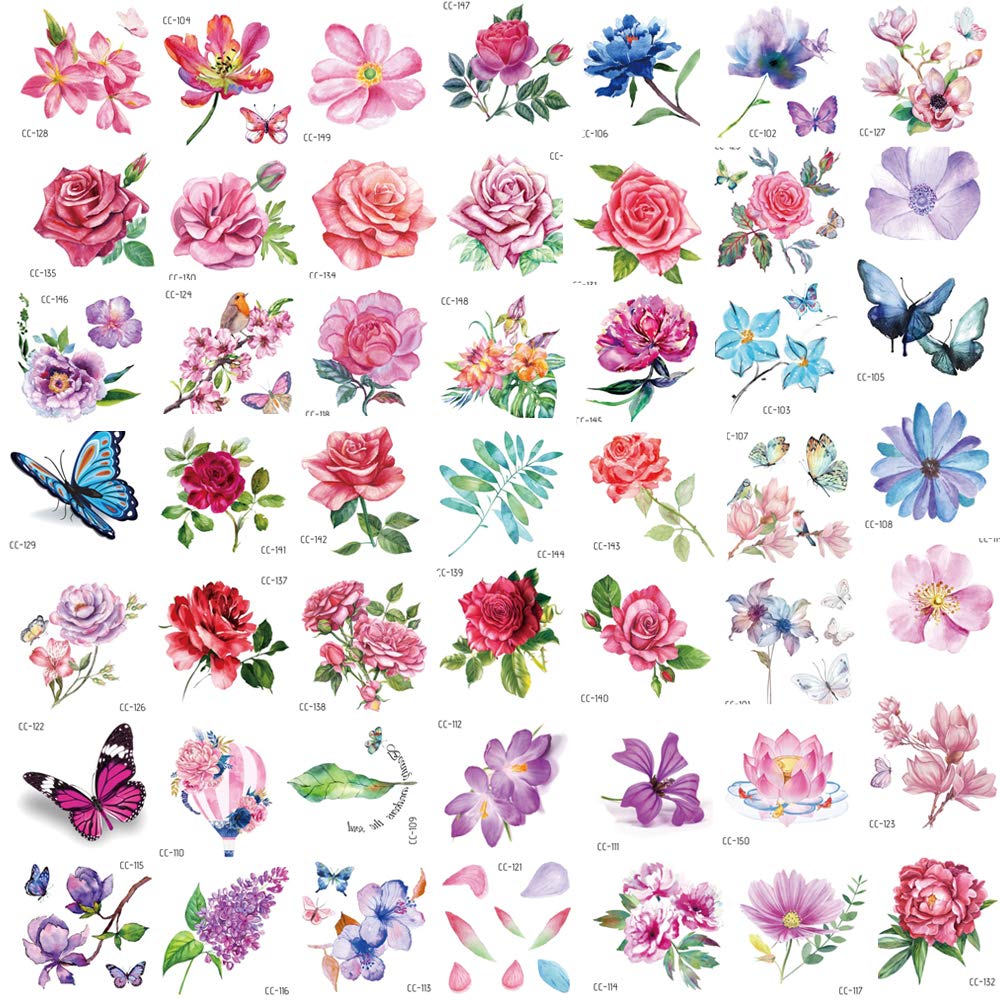 Konsait 50Sheet Flower Temporary Tattoos for Women Teens Girls, Tiny Temporary Tattoo Adult Waterproof Body Art Sticker Hand Neck Wrist, include Flower Butterfly Leaf Lotus Cherry Blossoms Tattoo