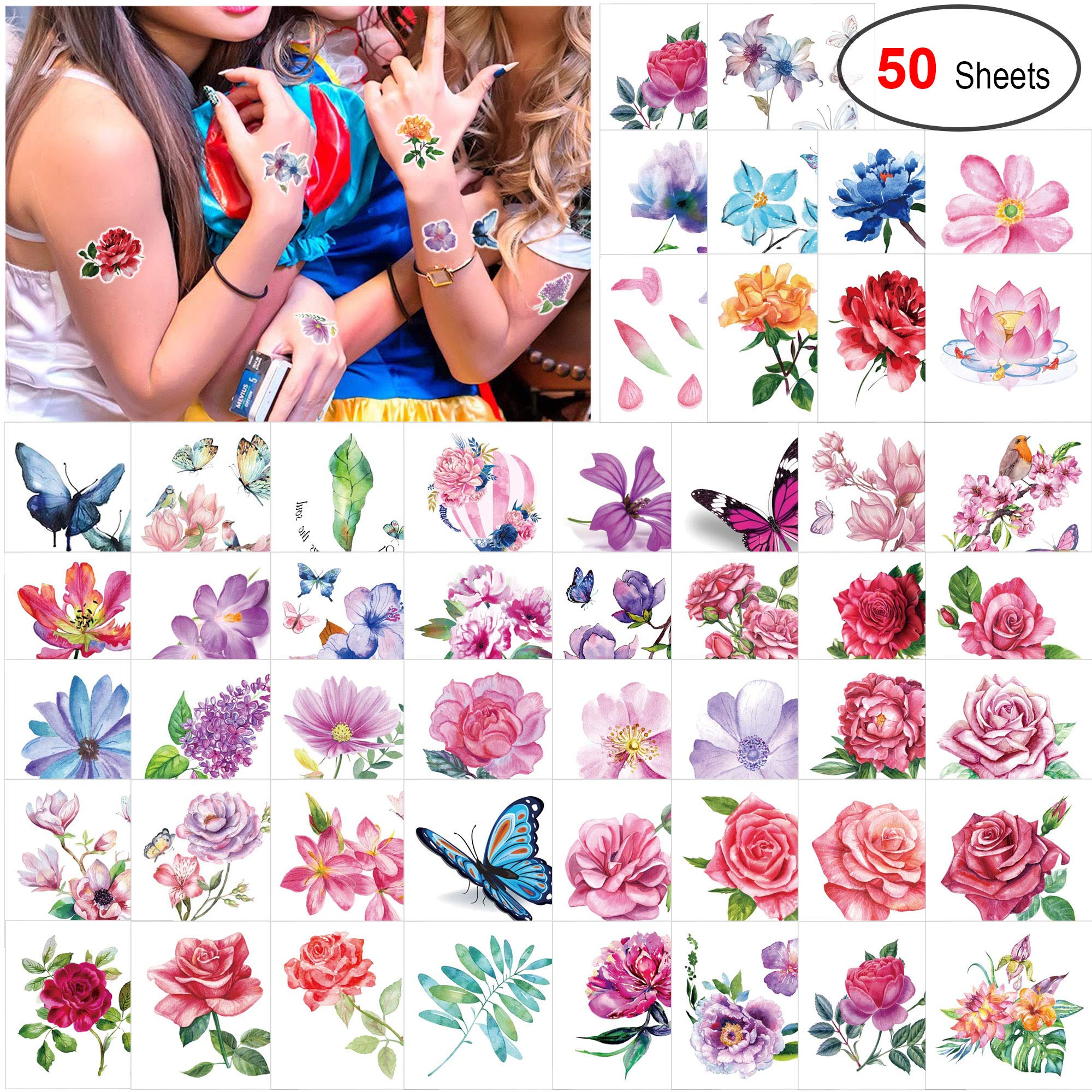 Konsait 50Sheet Flower Temporary Tattoos for Women Teens Girls, Tiny Temporary Tattoo Adult Waterproof Body Art Sticker Hand Neck Wrist, include Flower Butterfly Leaf Lotus Cherry Blossoms Tattoo