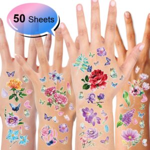 Konsait 50Sheet Flower Temporary Tattoos for Women Teens Girls, Tiny Temporary Tattoo Adult Waterproof Body Art Sticker Hand Neck Wrist, include Flower Butterfly Leaf Lotus Cherry Blossoms Tattoo