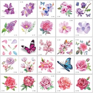 Konsait 50Sheet Flower Temporary Tattoos for Women Teens Girls, Tiny Temporary Tattoo Adult Waterproof Body Art Sticker Hand Neck Wrist, include Flower Butterfly Leaf Lotus Cherry Blossoms Tattoo