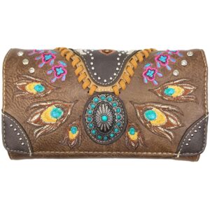 zelris turquoise concho peacock feather women crossbody wrist trifold wallet (brown)