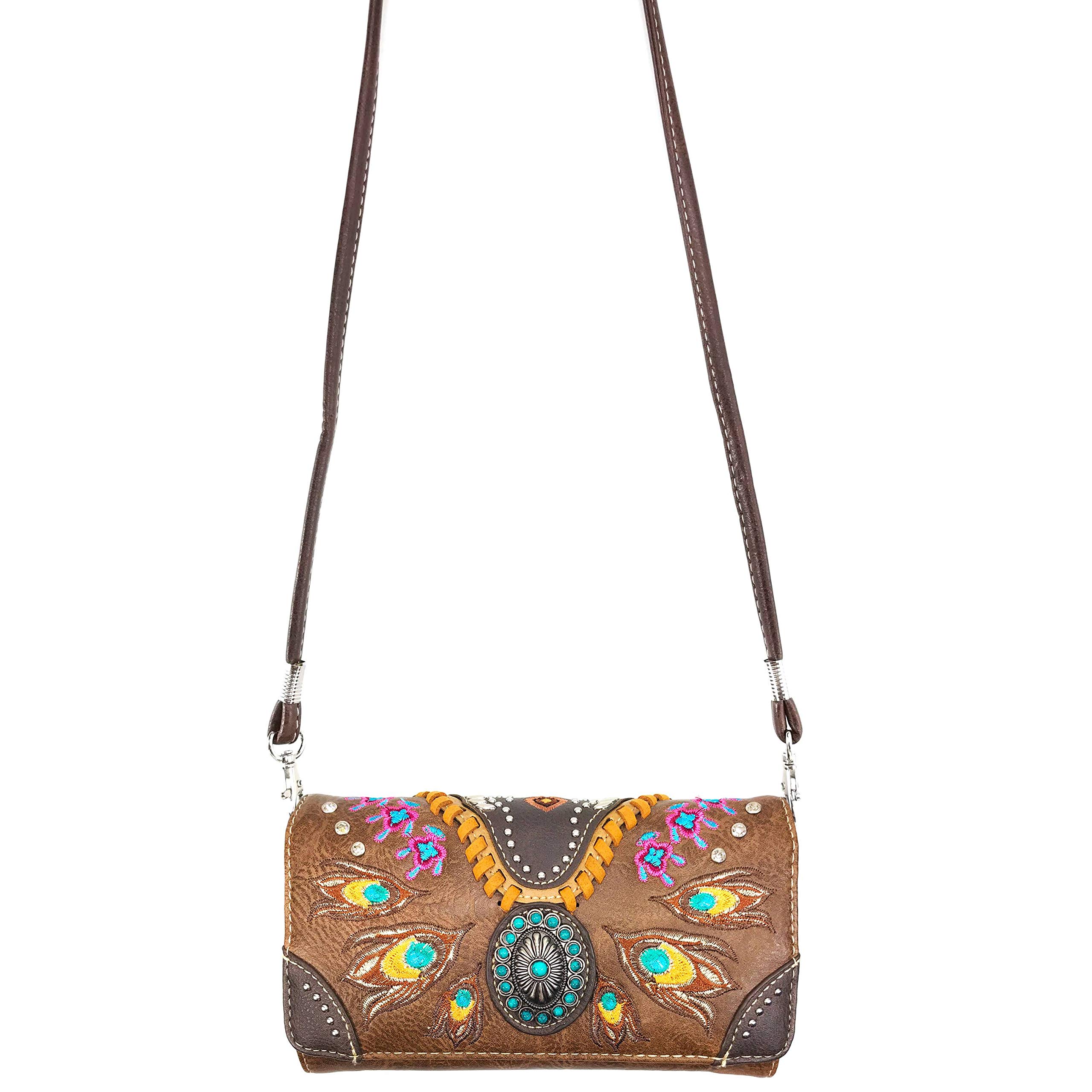 Zelris Turquoise Concho Peacock Feather Women Crossbody Wrist Trifold Wallet (Brown)