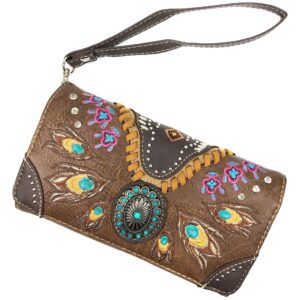 Zelris Turquoise Concho Peacock Feather Women Crossbody Wrist Trifold Wallet (Brown)