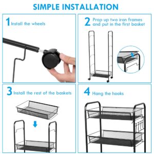 Giantex 5-Tier Storage Cart Rolling Trolley Organizer Utility Cart with Lockable Wheels, 5 Hooks, Mesh Shelves for Home Kitchen, Bathroom, Office and Bedroom (Black)