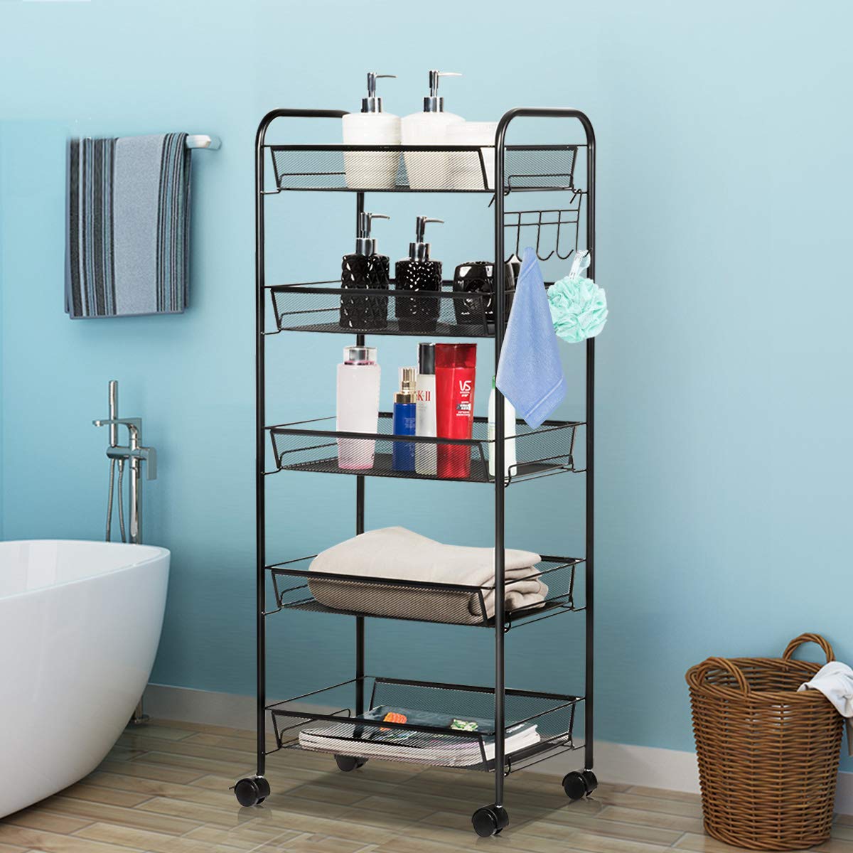 Giantex 5-Tier Storage Cart Rolling Trolley Organizer Utility Cart with Lockable Wheels, 5 Hooks, Mesh Shelves for Home Kitchen, Bathroom, Office and Bedroom (Black)