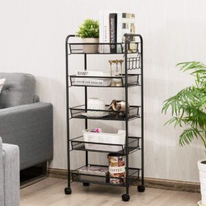 Giantex 5-Tier Storage Cart Rolling Trolley Organizer Utility Cart with Lockable Wheels, 5 Hooks, Mesh Shelves for Home Kitchen, Bathroom, Office and Bedroom (Black)