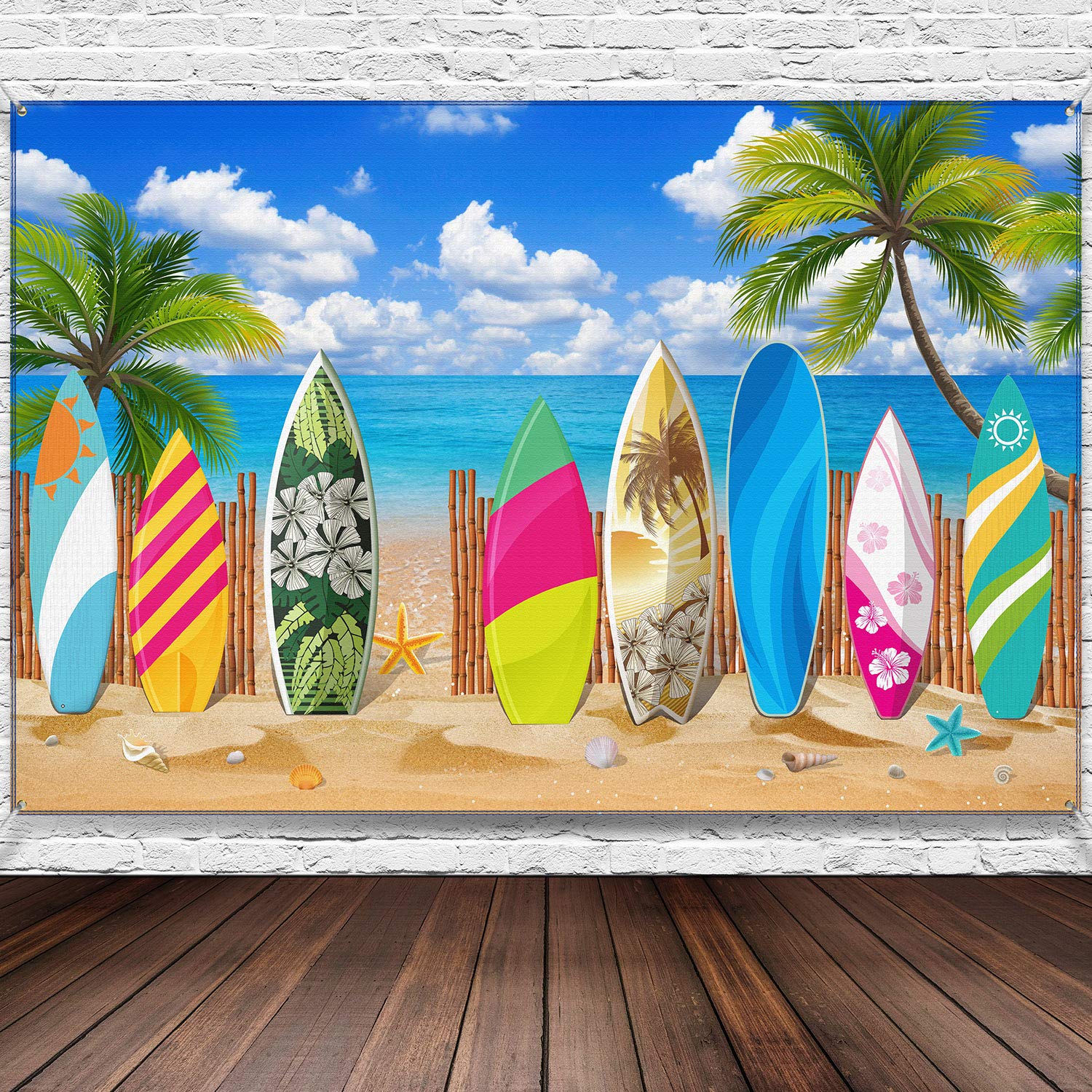 Beach Background Photo Props Surfboard Party Backdrop Tropical Beach Hawaiian Party Banner for Studio Beach Weddings Baby Shower Photography Birthday Party Decorations, 72.8 x 43.3 Inch (Style 1)