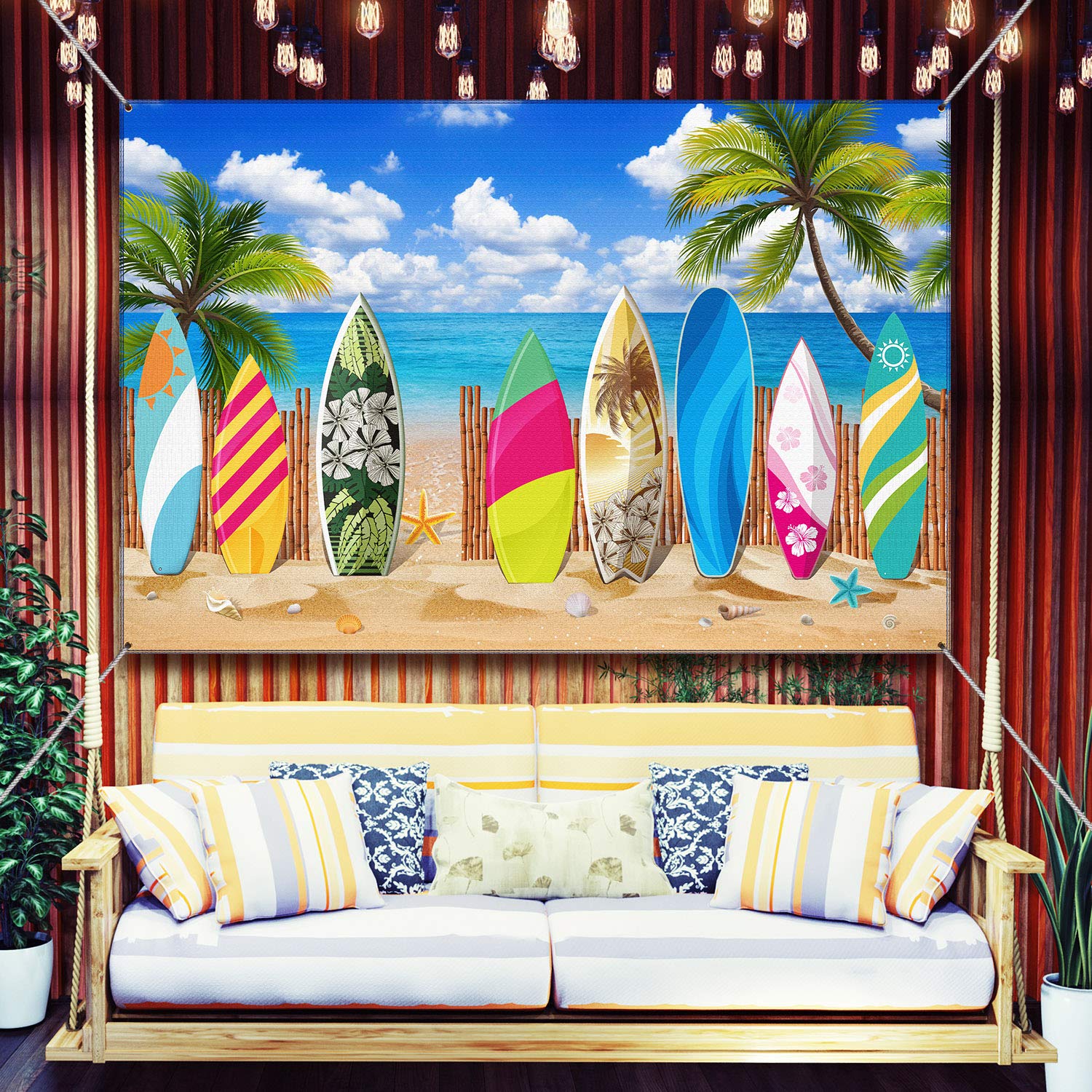 Beach Background Photo Props Surfboard Party Backdrop Tropical Beach Hawaiian Party Banner for Studio Beach Weddings Baby Shower Photography Birthday Party Decorations, 72.8 x 43.3 Inch (Style 1)