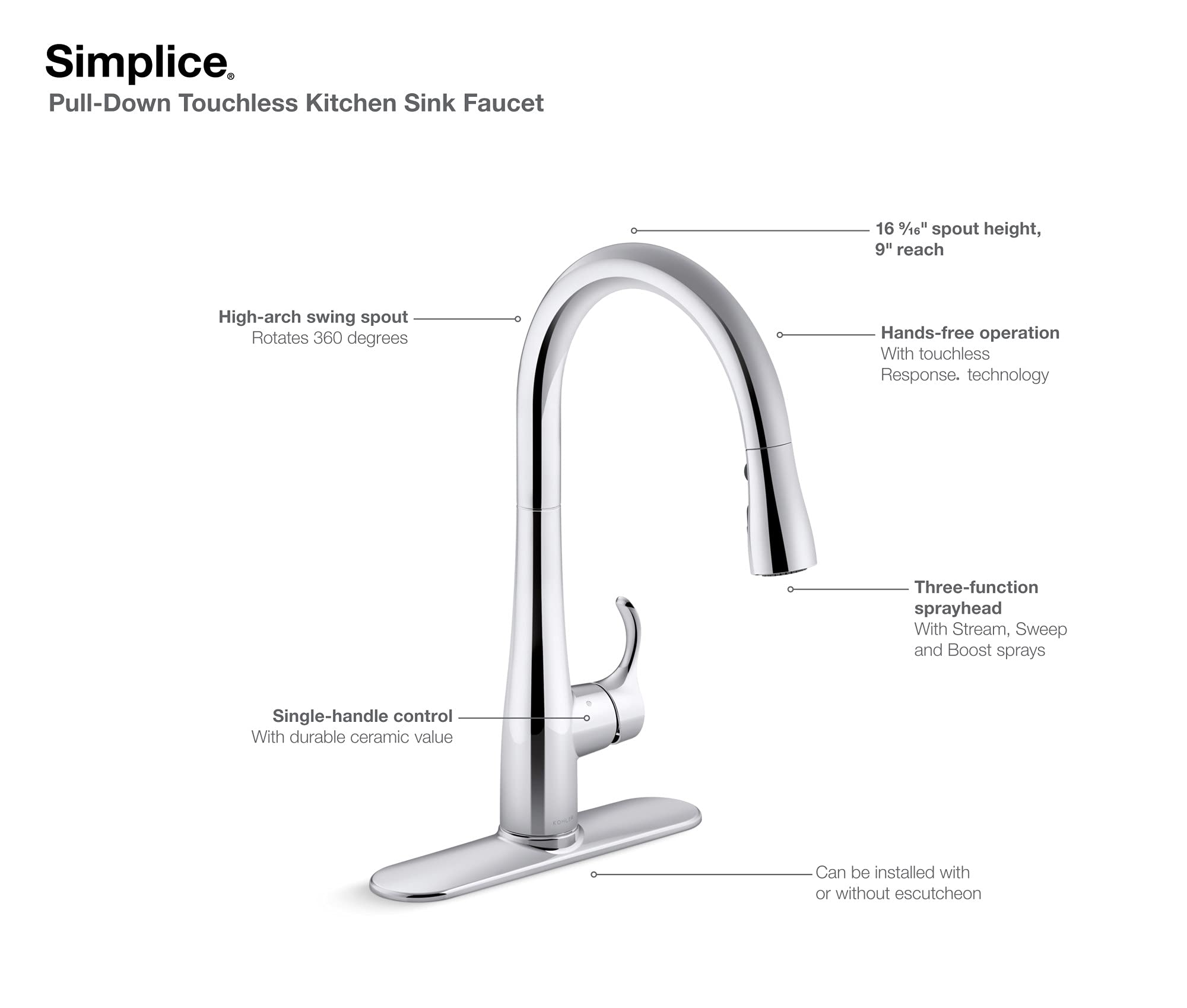 KOHLER Simplice Response Touchless Pull Down Kitchen Faucet in Stainless Steel, K-22036-VS