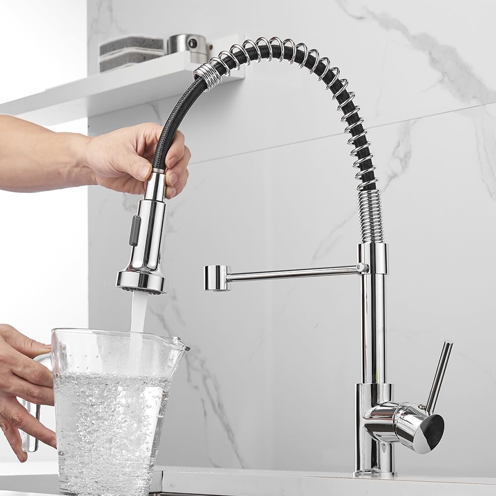 OWOFAN Spring Kitchen Sink Faucet Commercial Single Handle Single Lever Kitchen Faucet with Pull Down Sprayer, Polished Chrome Kitchen Faucets