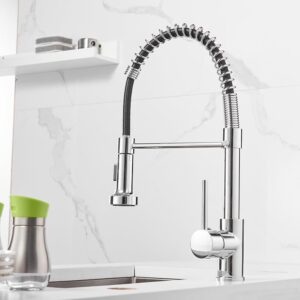 OWOFAN Spring Kitchen Sink Faucet Commercial Single Handle Single Lever Kitchen Faucet with Pull Down Sprayer, Polished Chrome Kitchen Faucets