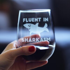 Fluent in Sharkasm - Shark Stemless Wine Glass Gifts for Sarcastic Mom or Dad Joke Experts - Funny Glasses with Sayings for Drinking - Large 17 Ounce