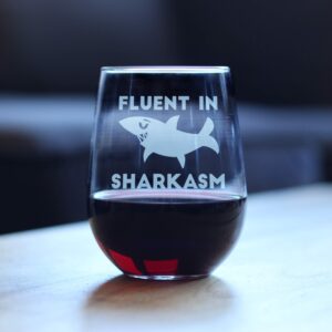 Fluent in Sharkasm - Shark Stemless Wine Glass Gifts for Sarcastic Mom or Dad Joke Experts - Funny Glasses with Sayings for Drinking - Large 17 Ounce