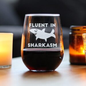 Fluent in Sharkasm - Shark Stemless Wine Glass Gifts for Sarcastic Mom or Dad Joke Experts - Funny Glasses with Sayings for Drinking - Large 17 Ounce