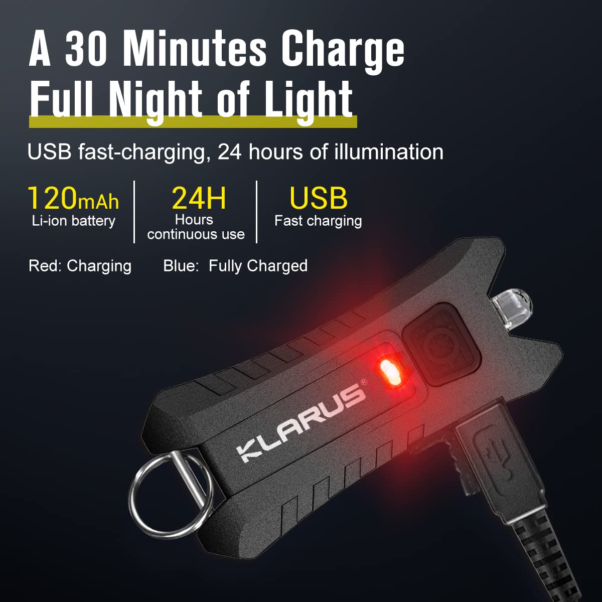 klarus Mi2 Mini LED Keychain Flashlights, Super Lightweight & Small Rechargeable 40 Lumens EDC Flash Light with Built-in Battery and USB Cable(Black)